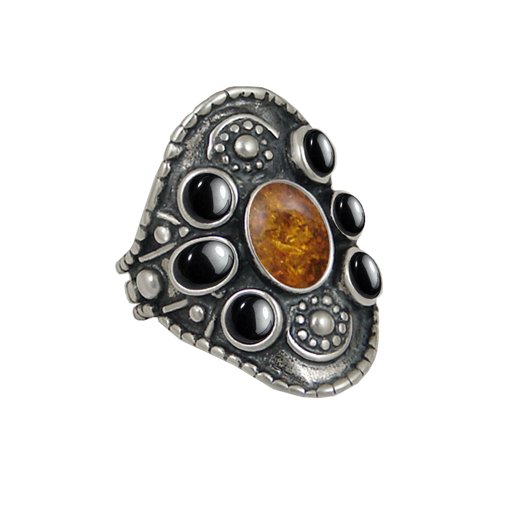 Sterling Silver High Queen's Ring With Amber And Hematite Size 6